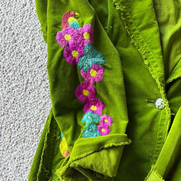 Johnny Was M Green Corduroy Embroidered Jacket Wearable Art Birds Heart - Picture 10 of 15